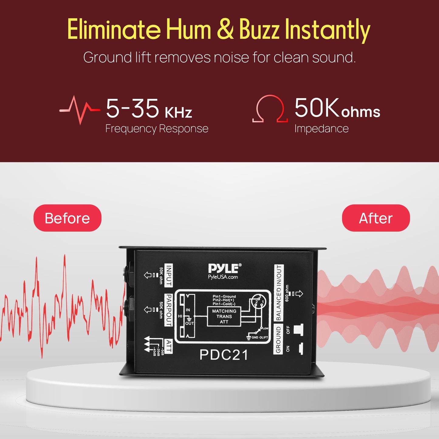 Premium Direct Injection Audio Box - Passive DI Unit Hum Eliminator w/ Input Attenuator to Connect Guitar & Bass, 1/4'' Impedance Transformer Connector to Balanced & Unbalanced XLR, Black - Pyle PDC21 🍁 All In One Marketplace Canada