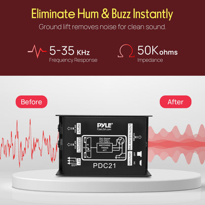 Premium Direct Injection Audio Box - Passive DI Unit Hum Eliminator w/ Input Attenuator to Connect Guitar & Bass, 1/4'' Impedance Transformer Connector to Balanced & Unbalanced XLR, Black - Pyle PDC21 🍁 All In One Marketplace Canada