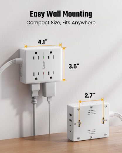 Surge Protector Power Bar, SUPERDANNY 10 Ft Extension Cord with 8 Outlets & 4USB Ports (2 USB 2 C), Mountable Flat Plug Power Strip, Surge Protection for Home, Office, Dorm