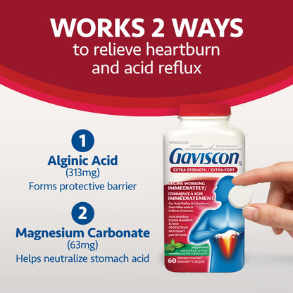 Gaviscon Extra Strength Tablets - 60 Count - Chewable Foaming Antacid Tablets for Day and Night Heartburn Relief, Acid Reflux and GERD Relief, Cooling & Refreshing Peppermint - Free of Aluminum, Lactose and Gluten 🍁 All In One Marketplace Canada