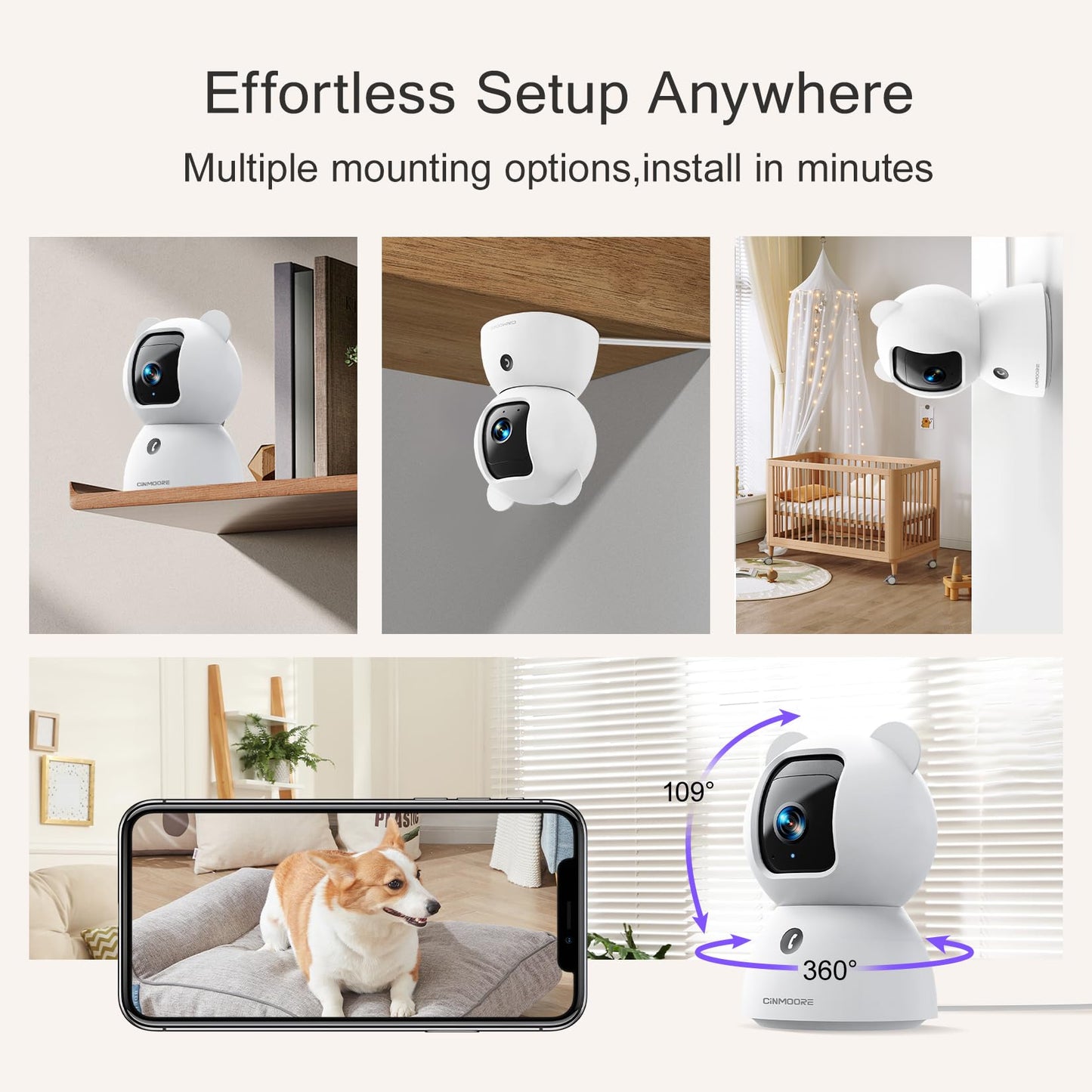 CINMOORE 2.5K Camera Surveillance Interieur, Indoor Security Cam, Free AI Pet/Person/Cry Detection, 4MP Pet Camera with Phone App Pan Tilt 2.4GHz WiFi, Night Vision, Full Duplex Audio