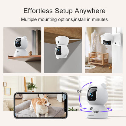 CINMOORE 2.5K Camera Surveillance Interieur, Indoor Security Cam, Free AI Pet/Person/Cry Detection, 4MP Pet Camera with Phone App Pan Tilt 2.4GHz WiFi, Night Vision, Full Duplex Audio