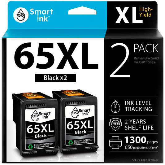 Smart Ink Remanufactured Ink Cartridges Replacement for HP 65 XL HP 65XL (2 Black Combo Pack) to use with DeskJet 3755 2600 2625 2652 2655 3700 3720 3752 3772 Envy 5000 5010 5052 5055 Printer Series