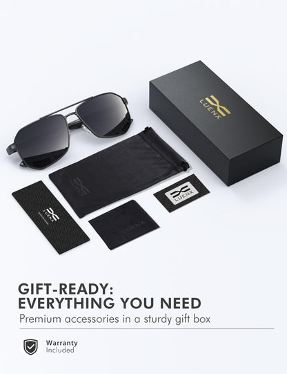 LUENX Aviator Sunglasses for Men Square Polarized Polygon Black Lens Matte Black Frame - UV 400 Protection with Accessories Driving