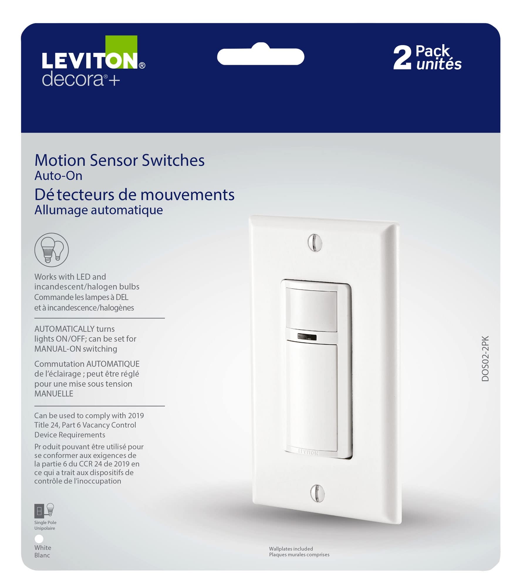 Leviton 2-Pack Decora Occupancy Motion Sensor Light Switch, Auto-On, 2A, Residential Grade, Single Pole, DOS02-2PK, White Leviton