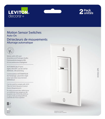 Leviton 2-Pack Decora Occupancy Motion Sensor Light Switch, Auto-On, 2A, Residential Grade, Single Pole, DOS02-2PK, White Leviton