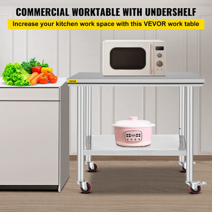 VEVOR 36x24x33.5 inch Stainless Steel Work Table with Wheels Prep Table with casters Heavy Duty Work Table for Commercial Kitchen Restaurant Business Garage 350 lb Capacity VEVOR