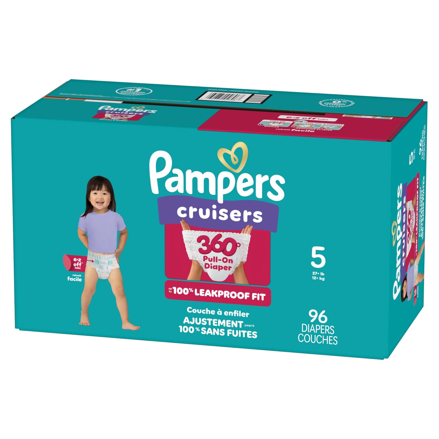 Pampers Diapers - Cruisers 360° - Size 5, up to 100% Leakproof Fit, Designed for Active Babies, Pull On Diaper, EZ Off Tabs Designed for Easy Changes, 1 Pack (Count of 96)