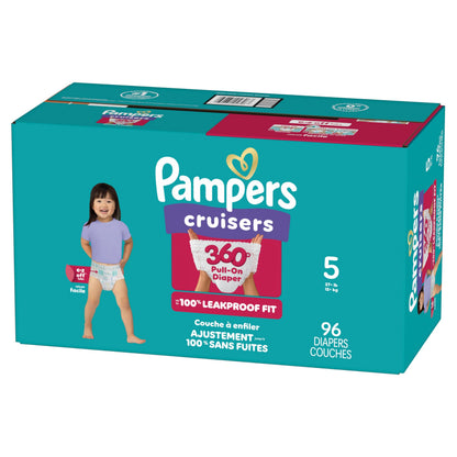 Pampers Diapers - Cruisers 360° - Size 5, up to 100% Leakproof Fit, Designed for Active Babies, Pull On Diaper, EZ Off Tabs Designed for Easy Changes, 1 Pack (Count of 96)