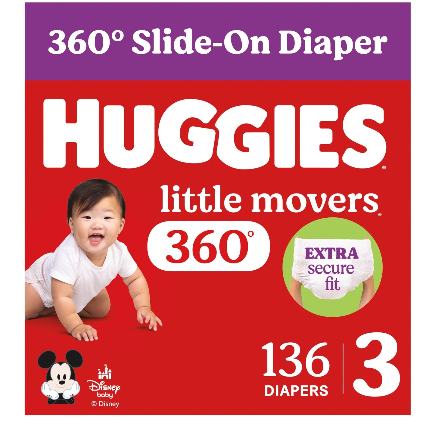 Huggies Size 3 Baby Diapers, Little Movers HuggFit 360° Baby Diapers with 360° Waistband, Size 3 (16-28 lbs), 136 Count, Packaging May Vary