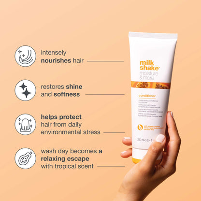 milk_shake moisture & more conditioner | creamy formula to hydrate and soften dry hair | for smoother, shinier, easy-to-manage hair | 8.1 fl oz (250ml)