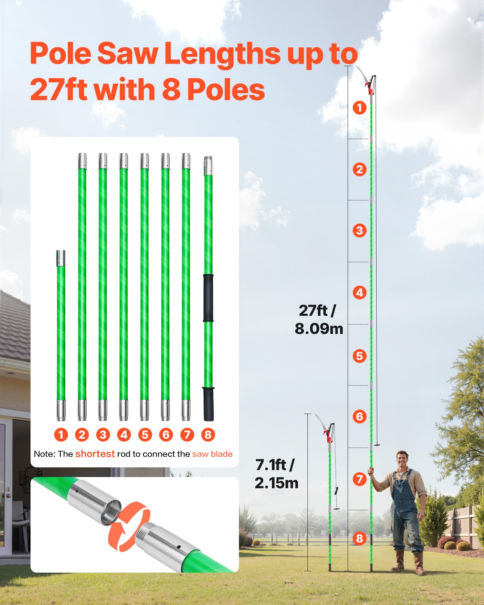 VEVOR Manual Pole Saw, 3.87-27 ft Extendable Pole Tree Pruner with Scissors, Sharp 65Mn Steel Blade, Lightweight Fiberglass Handle Pole, for High Branch Trimming, Pruning Tool for Palms and Shrubs VEVOR
