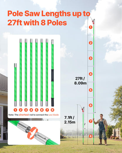VEVOR Manual Pole Saw, 3.87-27 ft Extendable Pole Tree Pruner with Scissors, Sharp 65Mn Steel Blade, Lightweight Fiberglass Handle Pole, for High Branch Trimming, Pruning Tool for Palms and Shrubs VEVOR