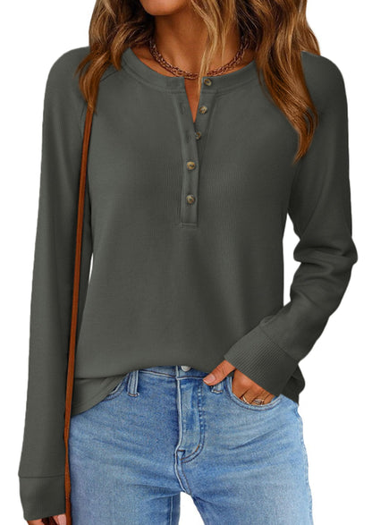 PRETTYGARDEN Women Long Sleeve Waffle Knit Shirt 2026 Spring Casual Button V Neck Loose Henley Tops Basic Tees Winter Clothes(Army Green,Large) 🍁 All In One Marketplace Canada
