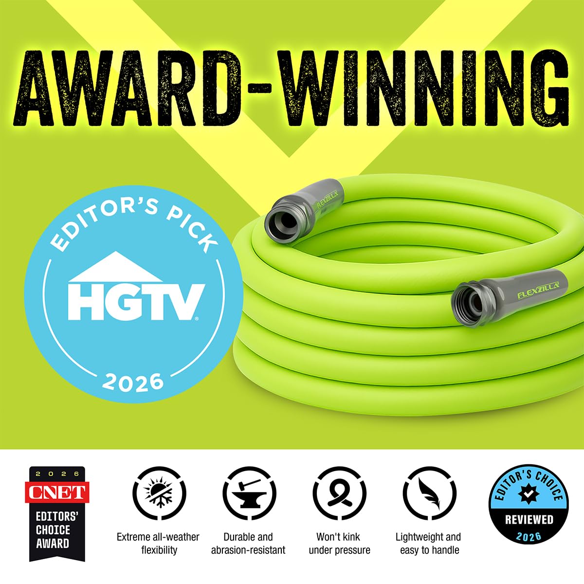 Flexzilla Garden Hose, 5/8'' X 50', Heavy Duty, Lightweight, Drinking Water Safe-HFZG550YW