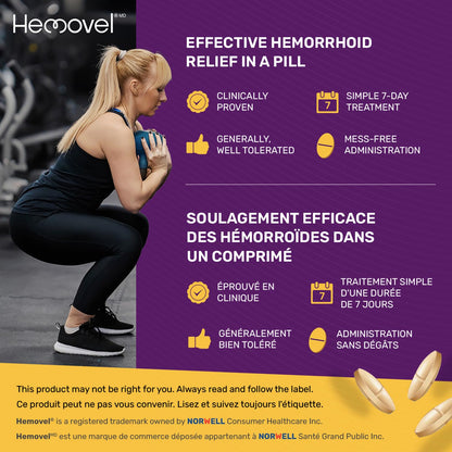 Hemovel Hemorrhoidal Oral Treatment - Clinically Proven, effective and convenient way to treat internal and external hemorrhoids and relieve pain, swelling and bleeding - 18 Tablets - Available at All In One Marketplace Canada