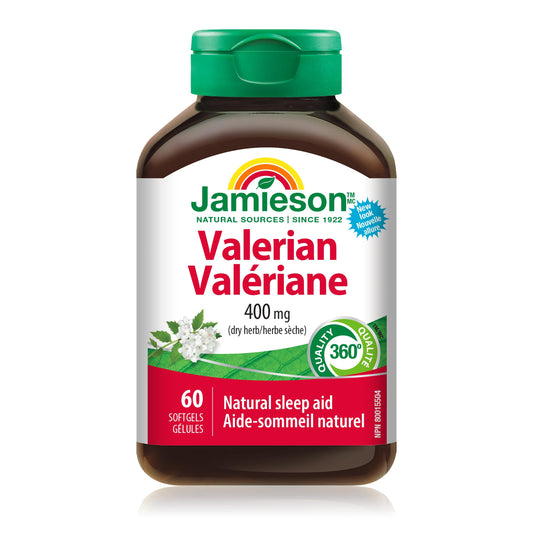Jamieson Valerian 400 mg, Calming, Melatonin-Free, Natural Herbal-Based Sleep Aid, Reduces Nervousness and Restlessness. Gluten-Free, 60 Softgels, Proudly Canadian - Available at All In One Marketplace Canada