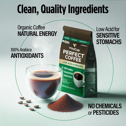 VitaCup Perfect Low Acid Ground Coffee – USDA Organic Fair Trade Dark Roast Guatemala Single Origin, Mycotoxin Free, 11 oz