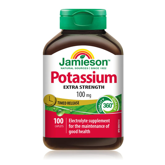 Jamieson Extra Strength Potassium 100 mg Timed Release, 100 Caplets, Supports Muscle & Nerve Function, Electrolyte Support, Helps Prevent Potassium Deficiency. Vegetarian, Proudly Canadian - Available at All In One Marketplace Canada