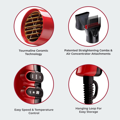 KISS 1875 Watt Pro Tourmaline Ceramic Hair Dryer, 3 Heat Settings, 2 Speed Slide Switch, Cool Shot Button, 2 Detangler Combs, 1 Concentrator, 1 Diffuser, Removable Filter Cap & 4 Sectioning Clips