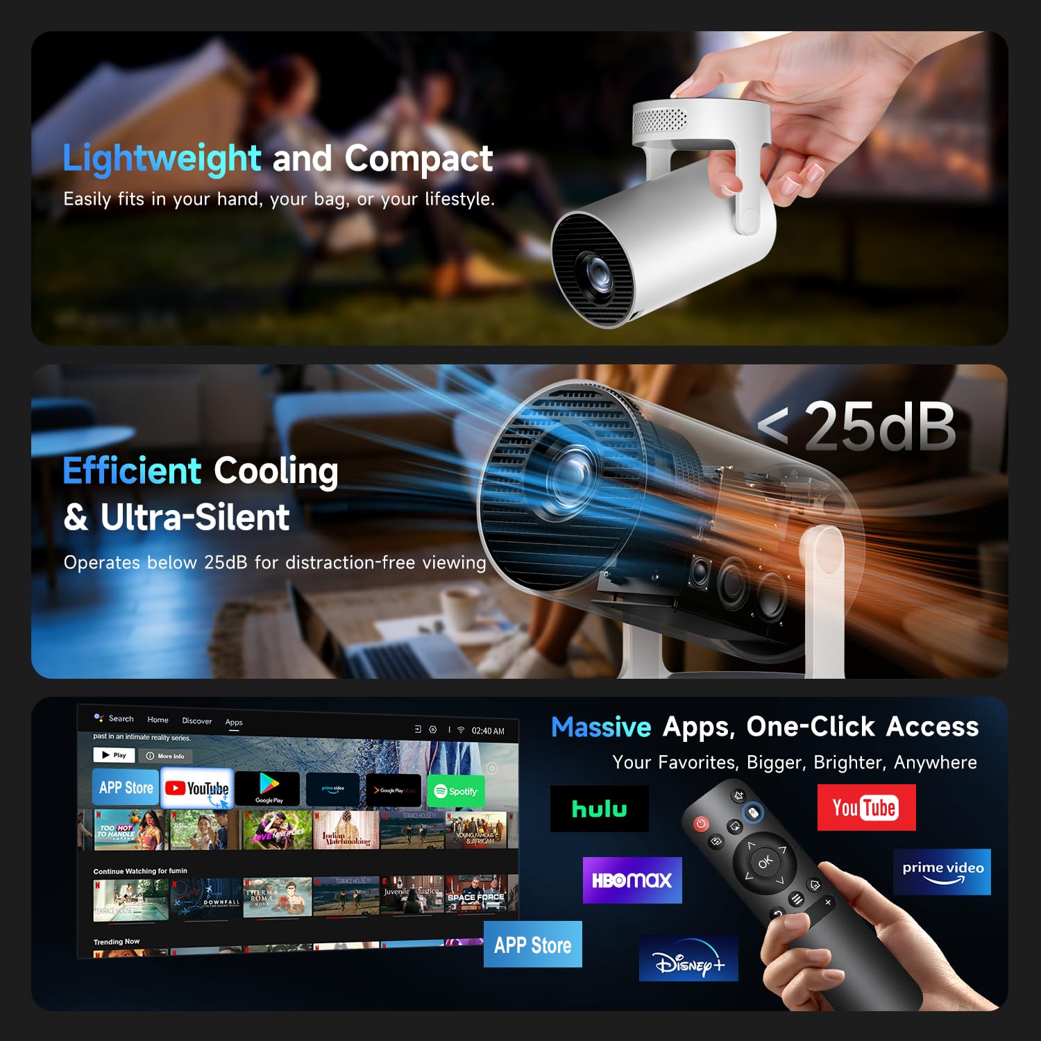 Kimwood Projector with Upgraded HiFi Speaker, [Built-in Apps] 1080P Mini Portable Projector Lower Noise Auto Keystone WiFi 6 Bluetooth 5.4 Ultra Short Throw Projectors Big Screen in Small Room