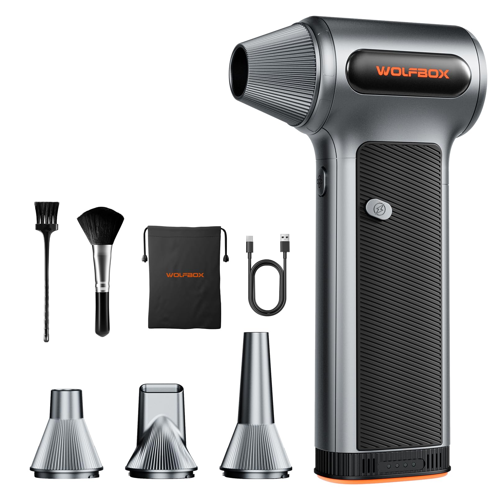 WOLFBOX MF200 Electric Air Duster with Removable Battery & 4 Nozzles, Cordless 3-Speed Adjustable Mini Blower for Computer Keyboard, Car Cleaning, Home, and Outdoor Use - Available at All In One Marketplace Canada