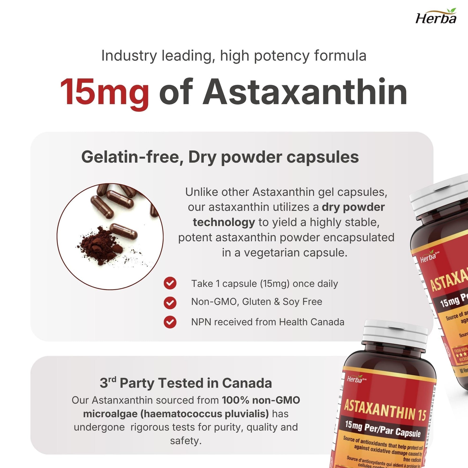 Herba Astaxanthin Supplement 15mg – 60 Vegan Capsules | Made with Non-GMO Micro-algae | Source of Antioxidant | Made and Third Party Tested in Canada - Available at All In One Marketplace Canada