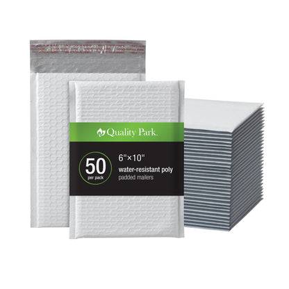 Quality Park Bubble Mailers, 6 x 9 Shipping Envelopes, Water Resistant White Poly Padded Envelopes, Redi-Strip Peel Off Closure, 50 Per Box (QUA85856) Quality Park