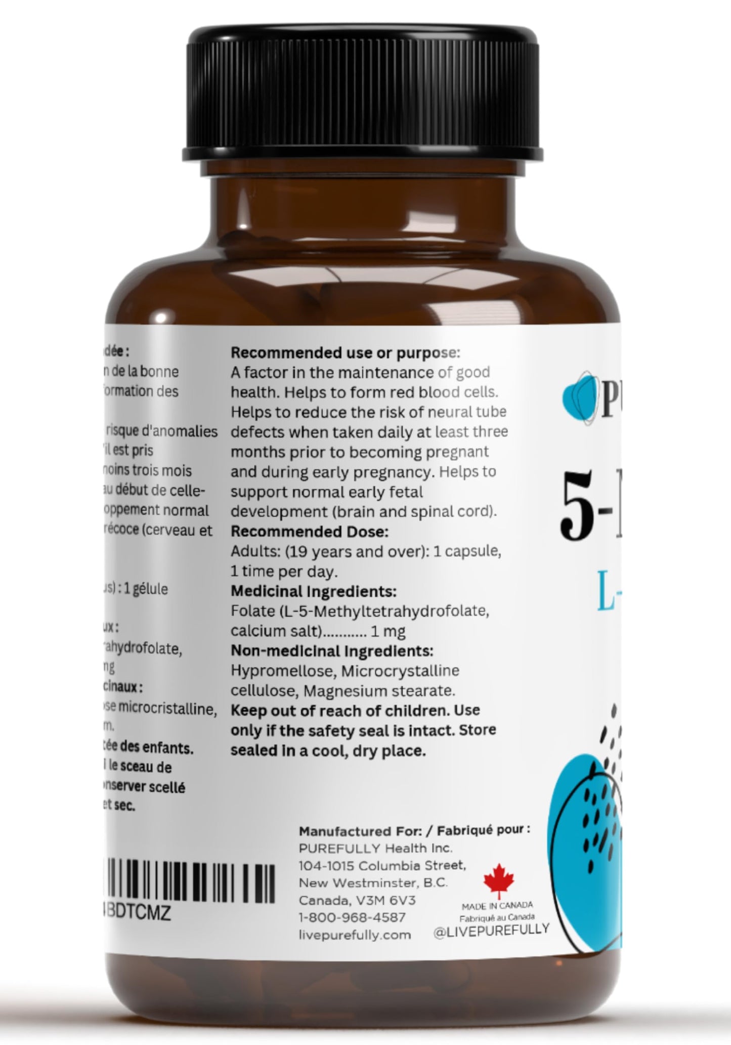 PUREFULLY 5-MTHF 1000mcg, 90 Capsules - L Methylfolate (Active Form of Vitamin B9 Folate) Supplement - Supports Cardiovascular Health and Early Fetal Development - Available at All In One Marketplace Canada