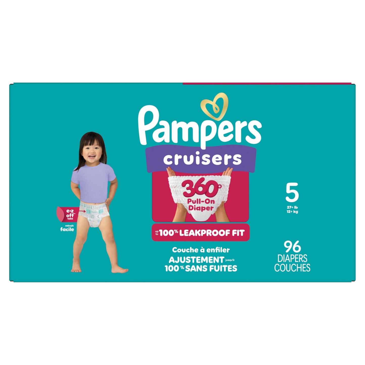Pampers Diapers - Cruisers 360° - Size 5, up to 100% Leakproof Fit, Designed for Active Babies, Pull On Diaper, EZ Off Tabs Designed for Easy Changes, 1 Pack (Count of 96)