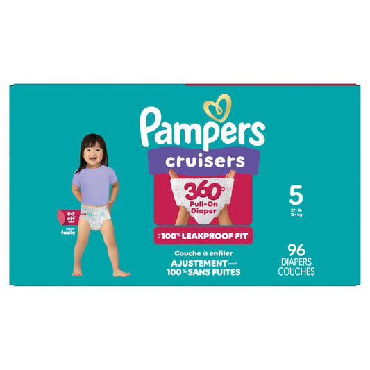 Pampers Diapers - Cruisers 360° - Size 5, up to 100% Leakproof Fit, Designed for Active Babies, Pull On Diaper, EZ Off Tabs Designed for Easy Changes, 1 Pack (Count of 96)