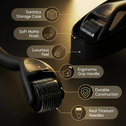 Derma Microneedling Roller - 1.5mm Titanium Needles - Designed in Canada - for Men and Women - Storage Case Included (Matte Black) - Available at All In One Marketplace Canada