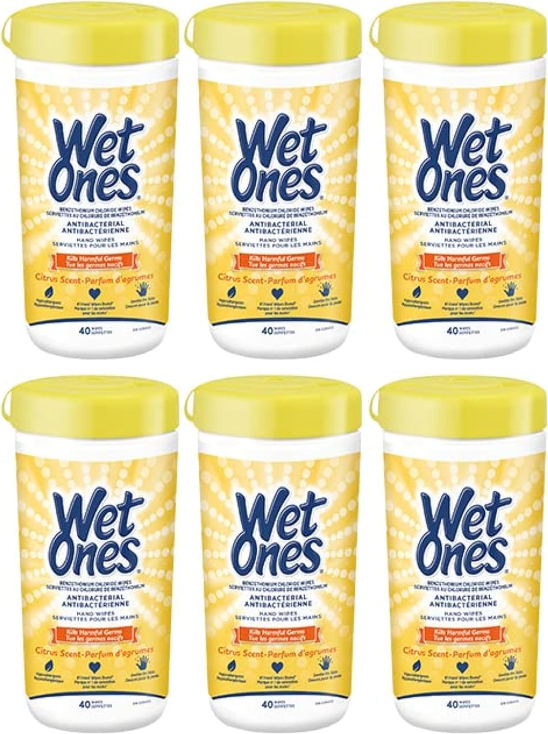 Wet Ones Antibacterial CitrusScent Hand Wipes| Travel | Hand Sanitizer Wipes, Travel Essentials, 40‑Count Canisters, Pack of 6 Wet Ones