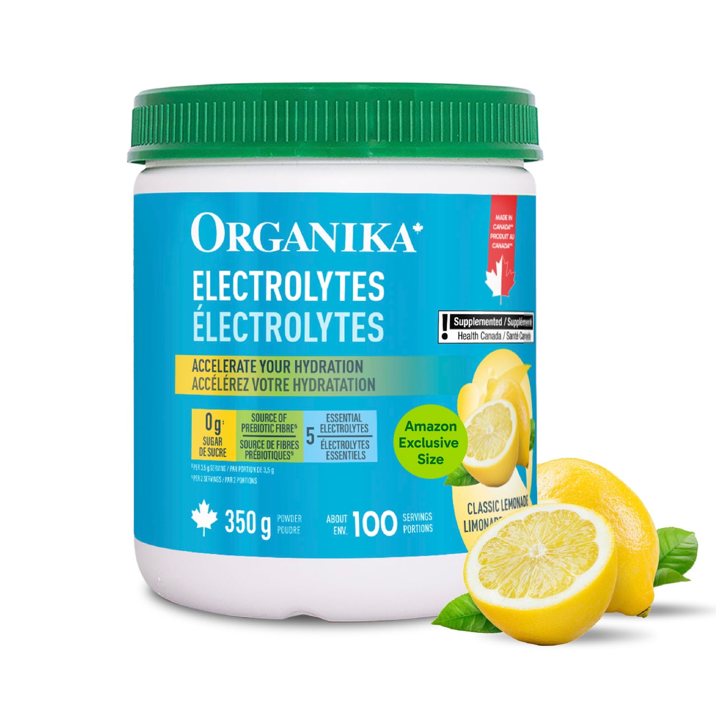 Organika Canadian-Made Electrolytes Powder with Vitamin C & Prebiotic Fibre - Sugar-Free Hydration Drink Mix - Classic Lemonade - 350 g - 100 servings Organika