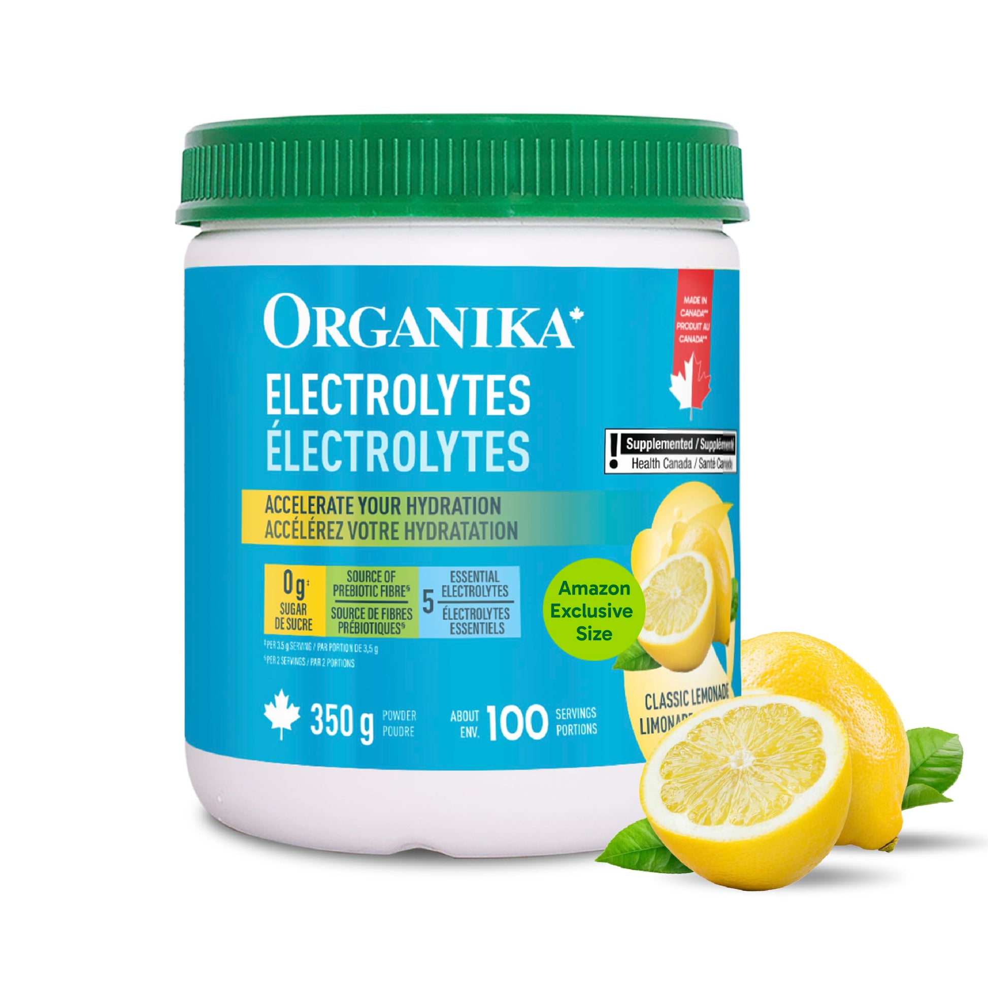 Organika Canadian-Made Electrolytes Powder with Vitamin C & Prebiotic Fibre - Sugar-Free Hydration Drink Mix - Classic Lemonade - 350 g - 100 servings Organika