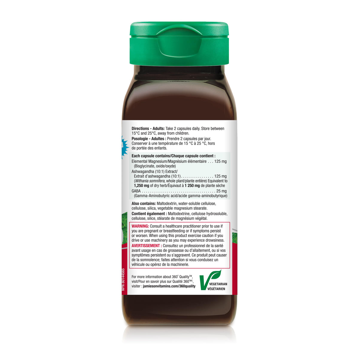 Jamieson Magnesium & Ashwagandha with GABA, Promotes Relaxation, Stress Relief, Sleep Support, Improves Memory, Support Muscle Function, Vegetarian, NON-GMO, Oxide Free, 130 Capsules