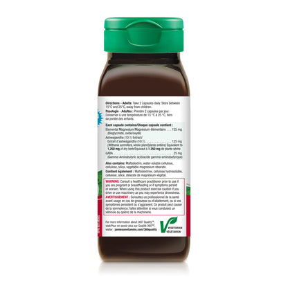 Jamieson Magnesium & Ashwagandha with GABA, Promotes Relaxation, Stress Relief, Sleep Support, Improves Memory, Support Muscle Function, Vegetarian, NON-GMO, Oxide Free, 130 Capsules