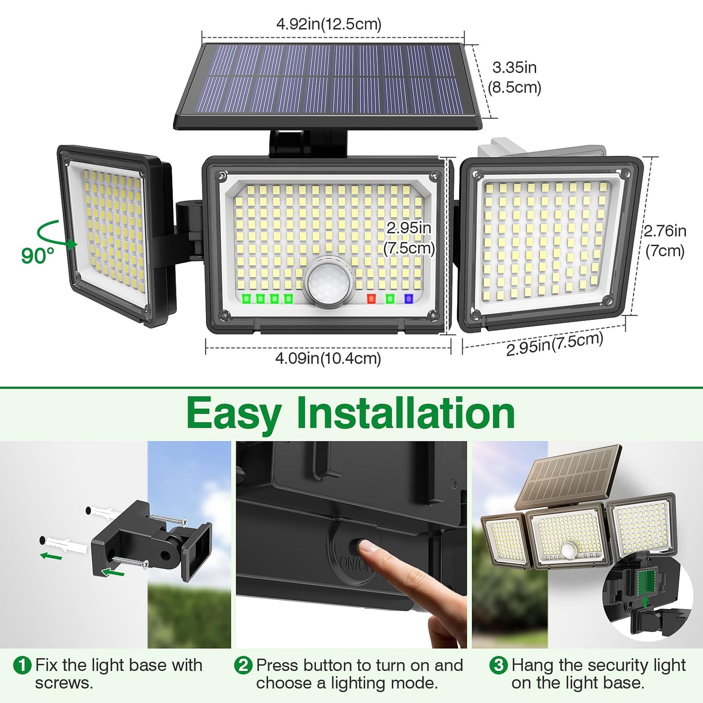 Solar Motion Sensor Light Outdoor, 2500LM 286 LED Solar Outdoor Lights with Power Display & Mode Indicators - 6500K Adjustable 3-Head Flood Light, IP65 Waterproof for Garden, Garage, Yard - 2 Pack - Available at All In One Marketplace Canada