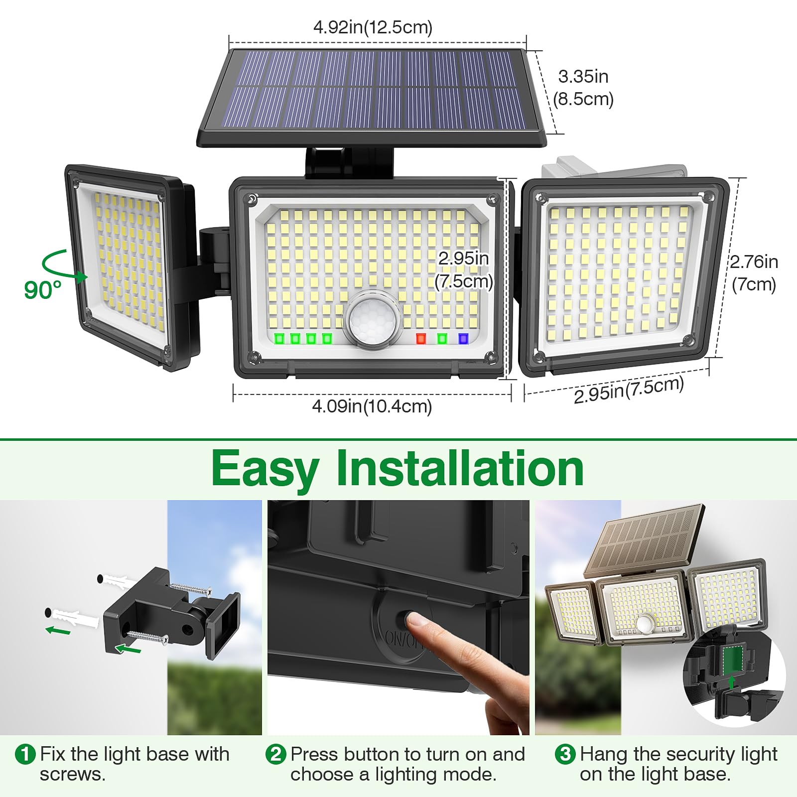 Solar Motion Sensor Light Outdoor, 2500LM 286 LED Solar Outdoor Lights with Power Display & Mode Indicators - 6500K Adjustable 3-Head Flood Light, IP65 Waterproof for Garden, Garage, Yard - 2 Pack - Available at All In One Marketplace Canada