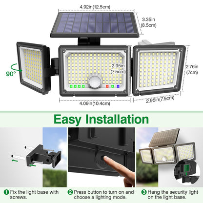 Solar Motion Sensor Light Outdoor, 2500LM 286 LED Solar Outdoor Lights with Power Display & Mode Indicators - 6500K Adjustable 3-Head Flood Light, IP65 Waterproof for Garden, Garage, Yard - 2 Pack - Available at All In One Marketplace Canada