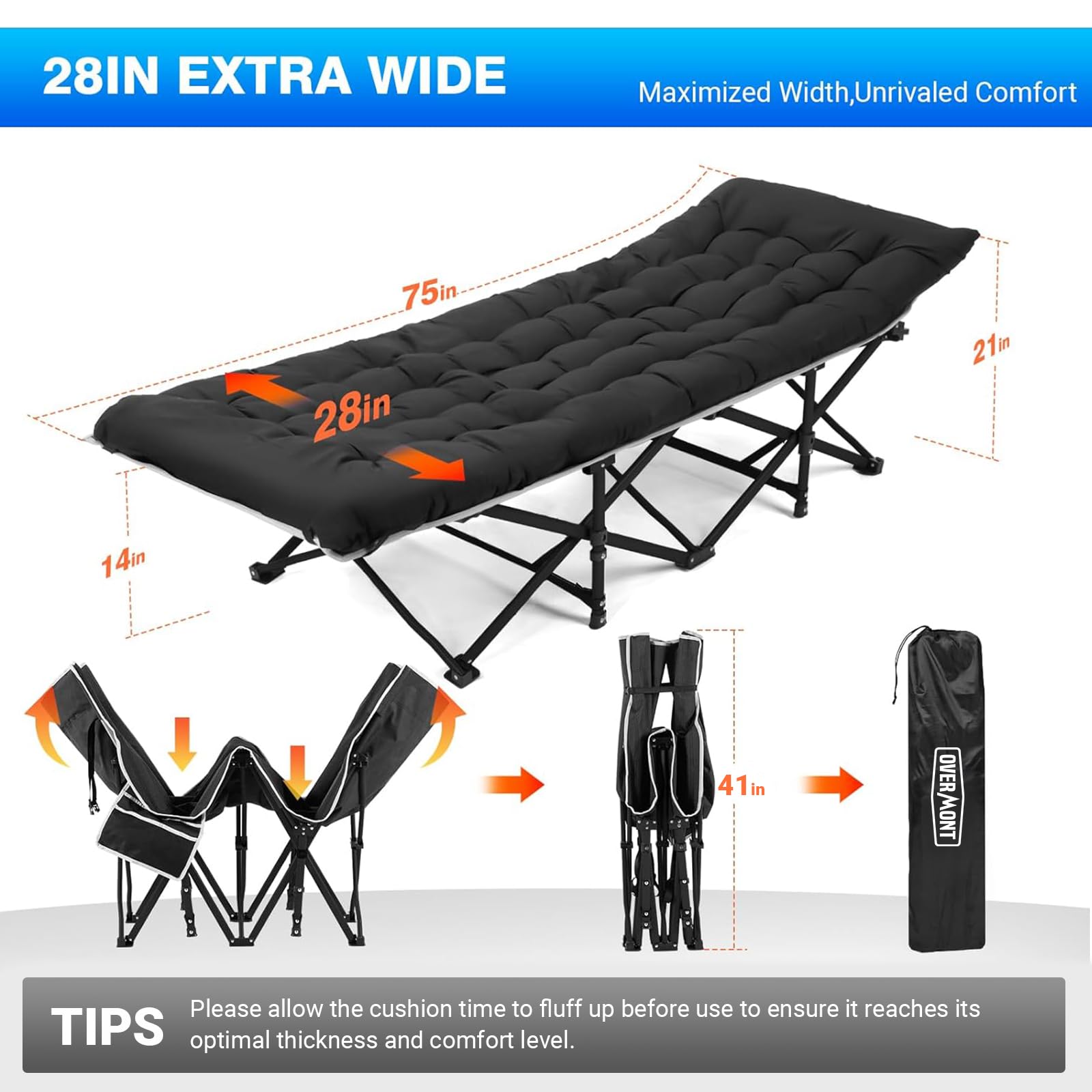 Overmont Camping Cot with Mattress - 28” Extra Wide Portable Folding Cot for Adults Load 550 LBS with Carry Bag for Outdoor Travel Home Office Nap OVERMONT