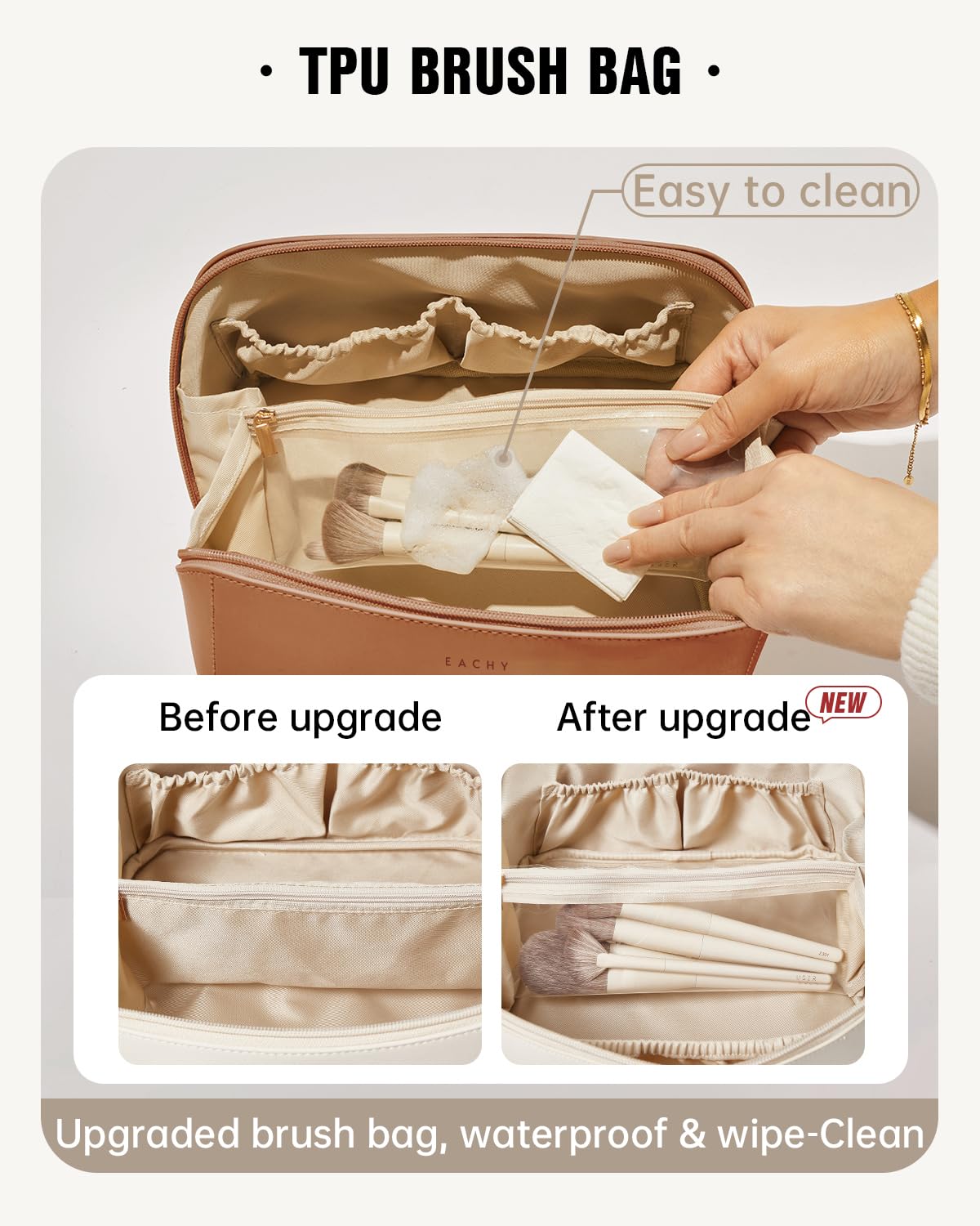 EACHY Travel Makeup Bag,Large Capacity Cosmetic Bags for Women,Waterproof Portable Pouch Open Flat Toiletry Bag Make up Organizer with Divider and Handle, Gifts for Women (Brown, Medium) - Available at All In One Marketplace Canada