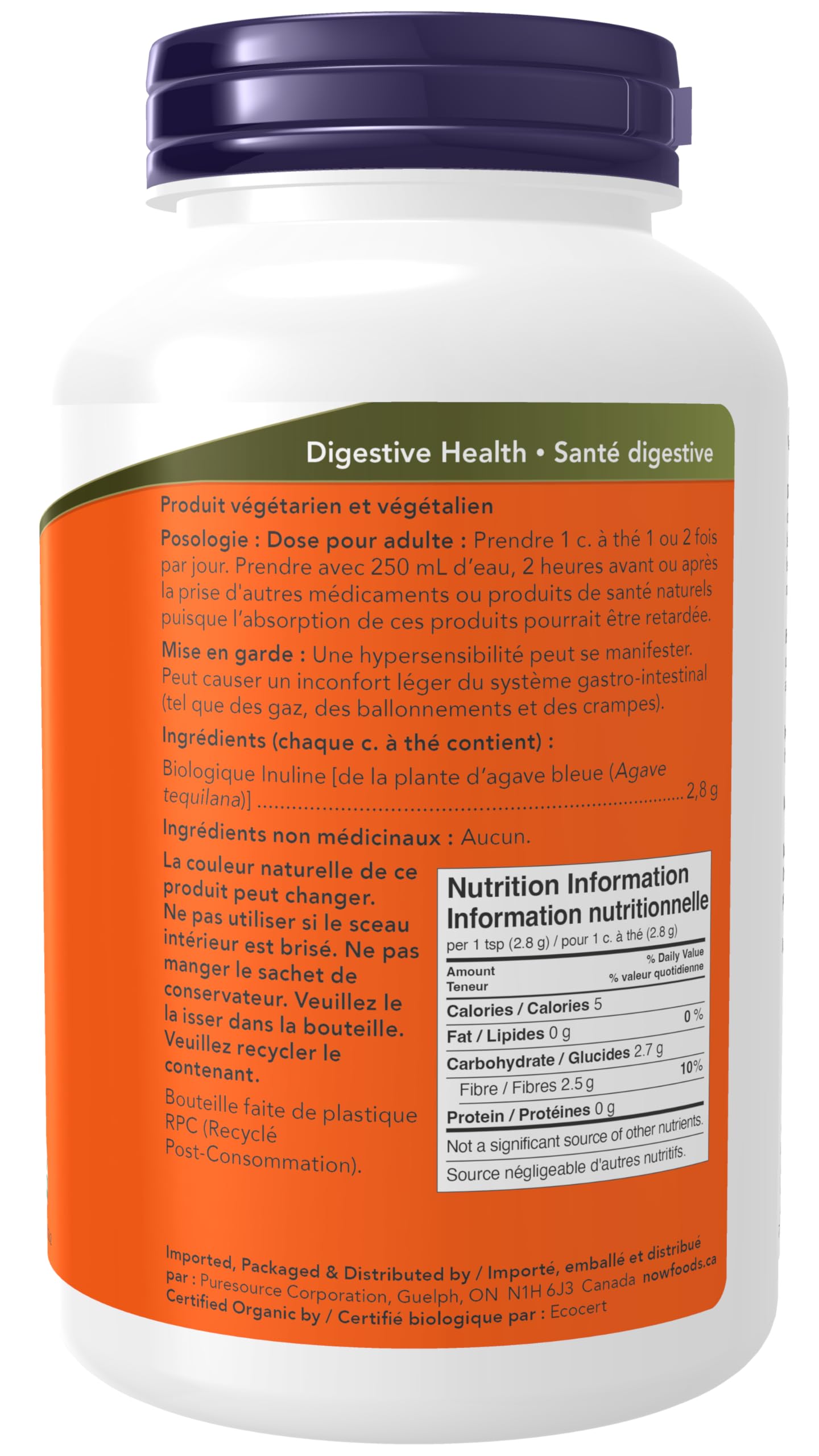NOW Supplements, Inulin Prebiotic Pure Powder, Certified Organic, Non-GMO Project Verified, Intestinal Support, 8-Ounce - Available at All In One Marketplace Canada