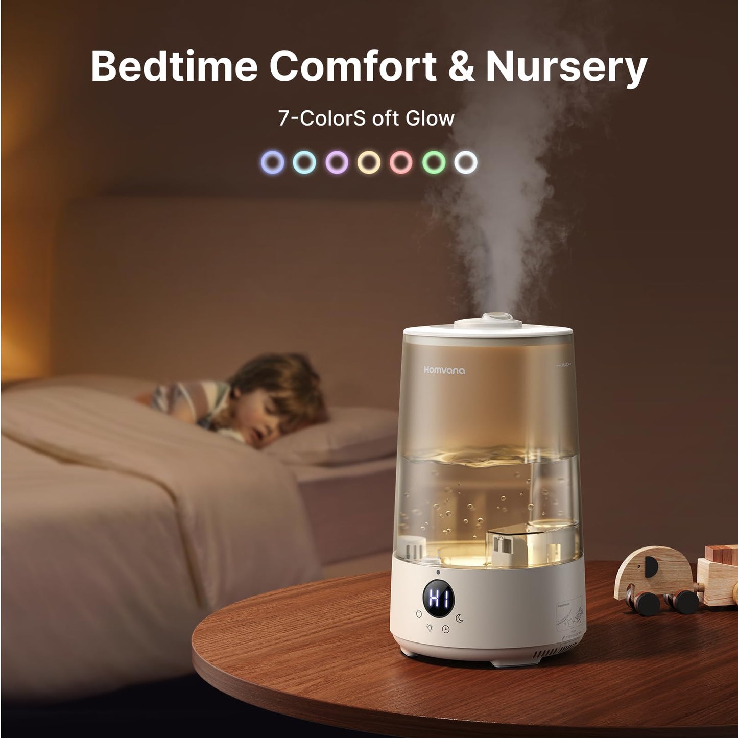 Homvana Humidifiers for Bedroom Home, 3.6 L Cool Mist Top-Fill 34H Super Long Time, Quiet 16dB, Baby Humidifier, Oil Diffuser Large, Plants, Nursery, Office BPA FREE, 7 Color Light (Grey)