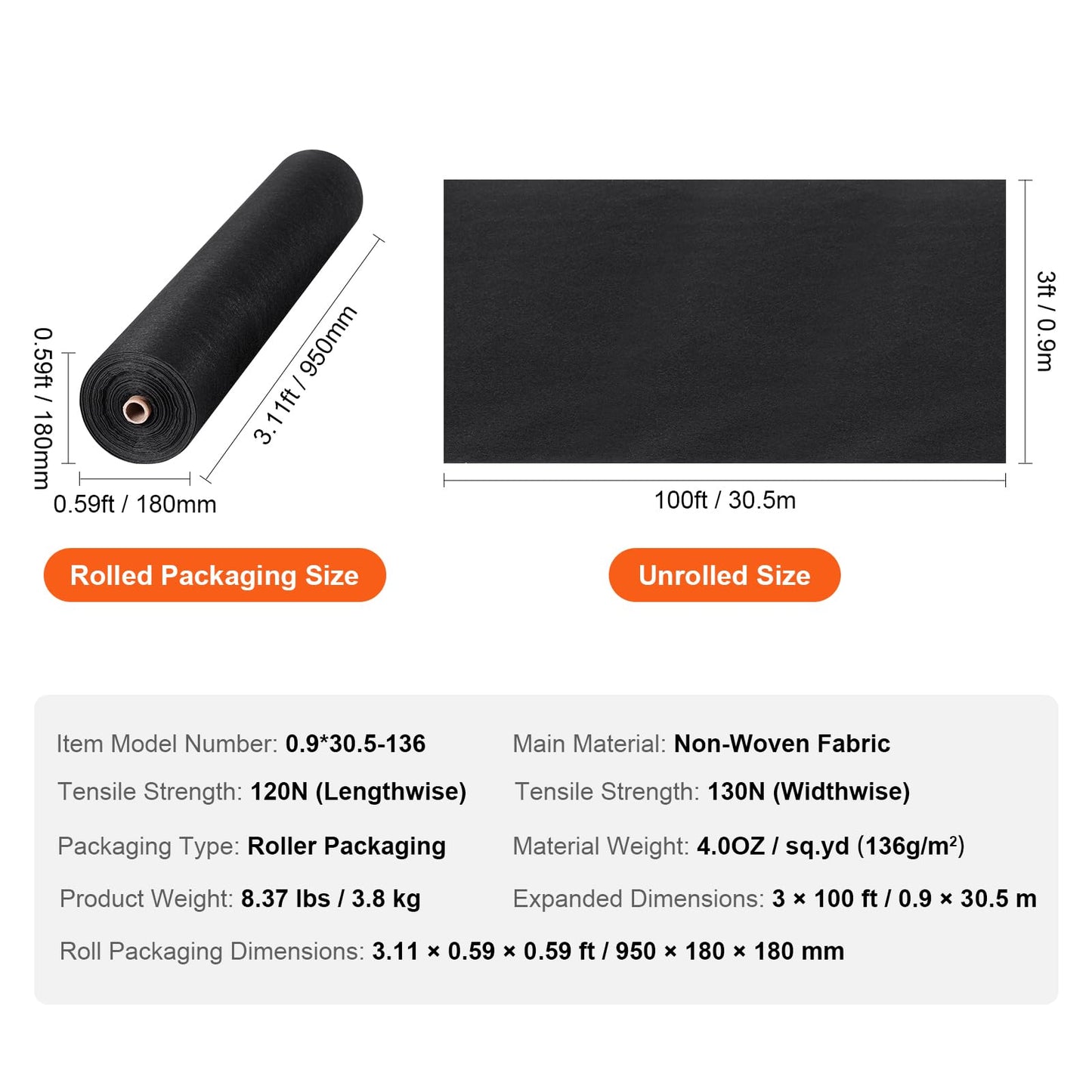 VEVOR Driveway Fabric, 3x100FT Non Woven Geotextile Fabric for Landscaping, Heavy Duty Garden Weed Barrier Fabric, 4OZ Landscape Fabric, French Drains Drainage Fabric, Ground Cover Weed Control Fabric 🍁 All In One Marketplace Canada