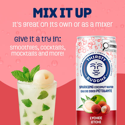 THIRSTY BUDDHA Sparkling Coconut Water with Lychee, No Added Sugar, Pure Coco Drink, Natural Fruit Flavour, Electrolyte & Nutrient-Rich, 12 Pack, (12/330ml)