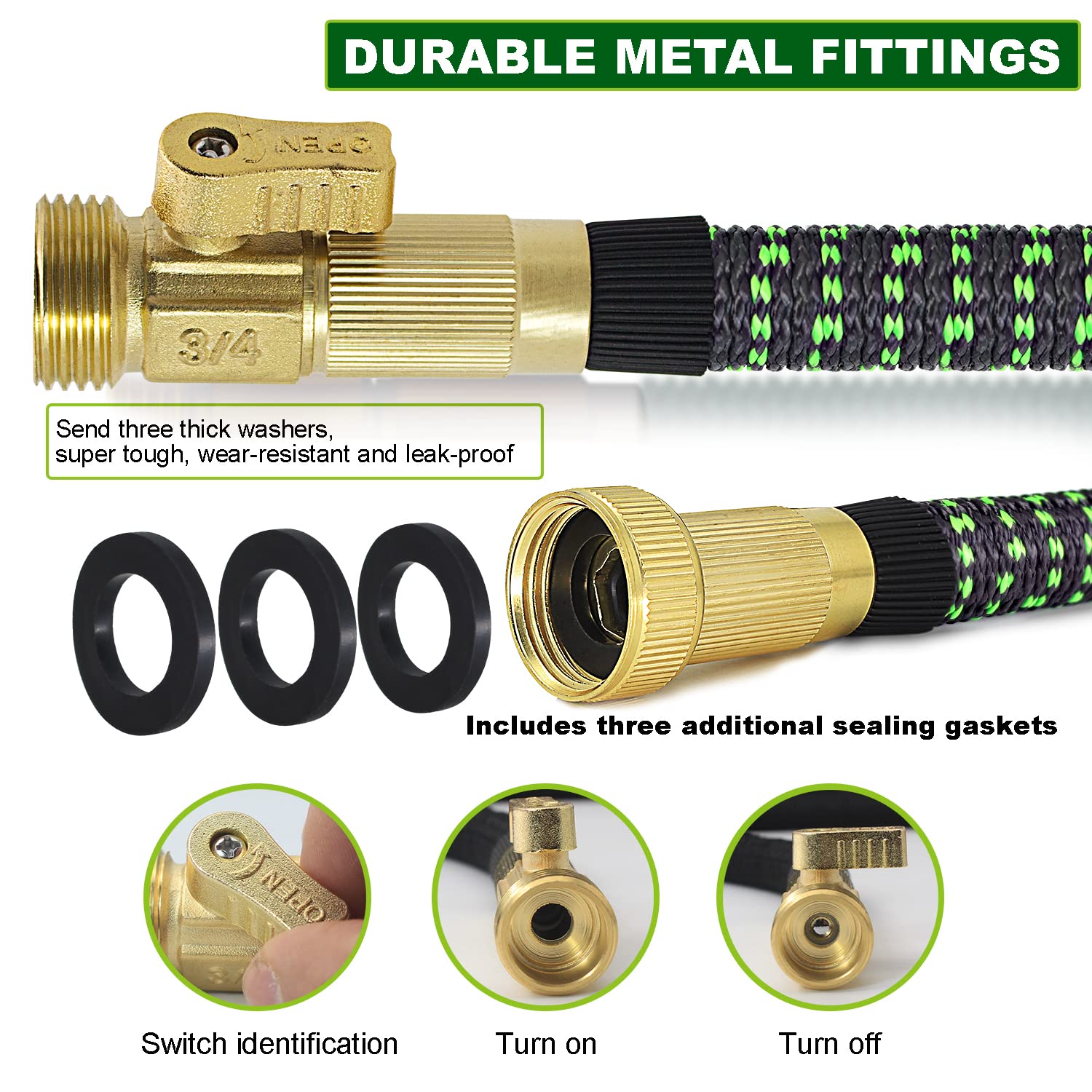 Expandable Garden Hose 100ft Flexible Water Hose, 10 Function Sprayer Nozzle, 3/4 Inch Solid Metal Fittings Lawn Yard Garden Outdoor Hose(Black and Green)