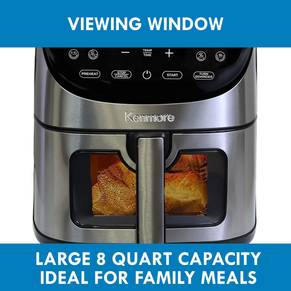 Kenmore 8 Qt Air Fryer 1700W 12 Presets Digital Touch Screen Stainless Steel Family Size Nonstick Basket Easy Cleanup Dishwasher Safe OilLess Cooking
