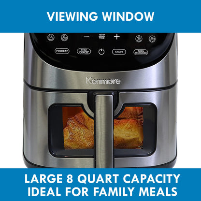 Kenmore 8 Qt Air Fryer 1700W 12 Presets Digital Touch Screen Stainless Steel Family Size Nonstick Basket Easy Cleanup Dishwasher Safe OilLess Cooking