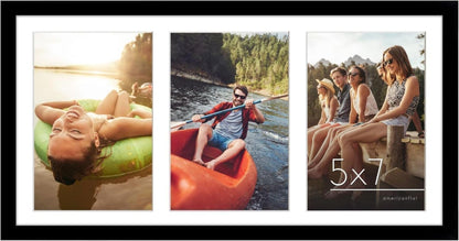 Americanflat 5x7 Picture Frame Collage with Shatter-Resistant Glass - Fits Three 5x7 Photos or Use as One 8x16 Frame - Signature Collection - Collage Frames for Tabletop and Wall Display - Black Americanflat